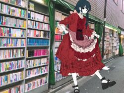 Rule 34 | 1girl, black eyes, black footwear, black hair, bookshelf, closed mouth, commentary request, dot mouth, dress, empty eyes, expressionless, foot out of frame, frilled dress, frills, highres, long dress, long hair, long sleeves, looking at viewer, mochu (aoishikabane), original, outdoors, photo background, red dress, shoes, sidelocks, solo, standing, standing on one leg