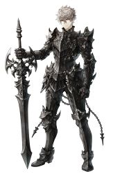 Rule 34 | 1boy, armor, blue eyes, chain, clenched hand, full body, gauntlets, greaves, hair between eyes, highres, holding, holding sword, holding weapon, male focus, original, pauldrons, scale armor, senano-yu, shoulder armor, simple background, solo, spikes, standing, sword, vambraces, weapon, white background, white hair