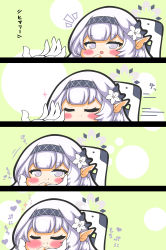 Rule 34 | 1girl, 1other, 4koma, :d, :i, :t, absurdres, black hairband, blue archive, blush, closed eyes, closed mouth, comic, flower, gloves, grey eyes, grey hair, hair flower, hair ornament, hairband, halo, hand up, hands up, highres, himari (blue archive), kurukurumagical, notice lines, open mouth, out of frame, pointy ears, sensei (blue archive), smile, speed lines, translation request, wheelchair, white flower, white gloves