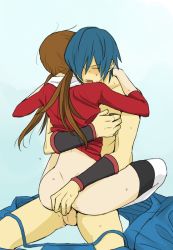 Rule 34 | 00s, 1boy, 1girl, ass, bad id, bad pixiv id, blue hair, blush, bottomless, brown hair, clothed female nude male, clothed sex, creatures (company), falkner (pokemon), femdom, game freak, gym leader, hetero, hug, leg lock, lyra (pokemon), nintendo, no panties, nude, pokemon, pokemon hgss, sex, straddling, sweat, testicles, thighhighs, tsurukame (mihomi), twintails, uncensored, unworn clothes, upright straddle, vaginal