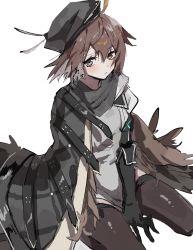 Rule 34 | 1girl, ahoge, arknights, armband, beret, between legs, black cape, black thighhighs, blush, brown hair, cape, commentary request, feathers, grey shirt, hair between eyes, hand between legs, hat, highres, looking at viewer, na tarapisu153, plume (arknights), seiza, shirt, short hair, simple background, sitting, solo, thighhighs, white background, yellow eyes