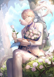 Rule 34 | 1boy, animal, animal on shoulder, arthur pendragon (fate), arthur pendragon (white rose) (fate), belt buckle, between fingers, bird, bird on shoulder, blonde hair, blue neckwear, blue sky, bouquet, buckle, building, column, day, dutch angle, fate/grand order, fate (series), feet out of frame, flower, formal, green eyes, highres, holding, holding flower, holding letter, jacket, leaf, letter, light rays, long sleeves, looking at viewer, male focus, necktie, open clothes, open jacket, pants, pillar, plant, rose, seiza, signature, sitting, sky, smile, sunbeam, sunlight, tenyo0819, thorns, vines, white flower, white jacket, white pants, white rose