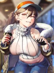 Rule 34 | 1girl, bare shoulders, blue pants, braid, breasts, brown hair, brown jacket, covered erect nipples, denim, earrings, french braid, fur trim, grin, hat, highres, jacket, jeans, jewelry, large breasts, long hair, long sleeves, looking at viewer, midriff, off shoulder, open clothes, open jacket, orange hat, original, pants, ponytail, sleeveless, sleeveless turtleneck, smile, solo, sweater, turtleneck, visor cap, waterswing, white sweater