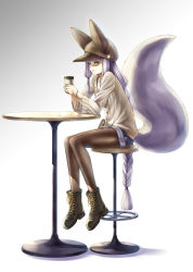 Rule 34 | 1girl, animal ears, animal hat, black pantyhose, blunt bangs, boots, braid, closed mouth, cup, fox ears, fox girl, fox tail, gradient background, hair tubes, hat, highres, kazuki seihou, pantyhose under shorts, long hair, looking at viewer, original, ouka (kazuki seihou), pantyhose, shorts, silver hair, single braid, sitting, solo, stool, table, tail, yellow eyes