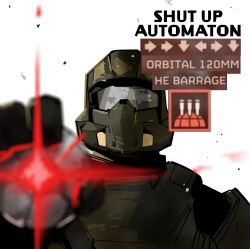 Rule 34 | 1other, absurdres, ambiguous gender, armor, biden blast (meme), blurry, blurry foreground, commentary, english commentary, english text, full armor, gameplay mechanics, glowing, hand up, helldiver (helldivers), helldivers (series), highres, looking at viewer, meme, neitheyagi, other focus, power armor, simple background, solo, straight-on, upper body, white background