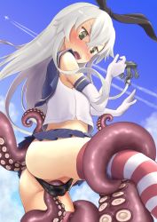 Rule 34 | 10s, 1girl, anchor, anchor hair ornament, ass, black panties, blush, brown eyes, crop top, crop top overhang, elbow gloves, gloves, hair ornament, hairband, highres, kantai collection, long hair, open mouth, panties, panty pull, partially visible vulva, personification, pussy, shimakaze (kancolle), silver hair, skirt, solo, striped clothes, striped thighhighs, tentacles, thighhighs, thong, underwear, wa (genryusui), white gloves