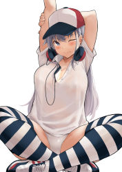 Rule 34 | 1girl, ;), arms up, bad id, bad pixiv id, baseball cap, between breasts, bikini, bikini under clothes, blue thighhighs, blush, breasts, cellphone, cleavage, closed mouth, collared shirt, commentary request, hat, headphones, headphones around neck, highres, index finger raised, kekemotsu, large breasts, micro bikini, multicolored clothes, multicolored hat, no pants, one eye closed, original, phone, school uniform, serafuku, shirt, shoes, short sleeves, simple background, smartphone, smile, sneakers, solo, stretching, striped clothes, striped thighhighs, swimsuit, tears, thighhighs, v-shaped eyebrows, white background, white bikini, white footwear, white shirt