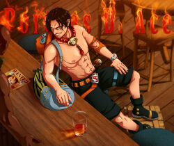 Rule 34 | 2boys, abs, black hair, character name, clenched teeth, commentary, corey miller, cup, english commentary, english text, fire, freckles, glass, hat, indoors, log pose, male focus, multiple boys, one piece, orange hat, portgas d. ace, short hair, sitting, smile, teeth, topless male, unworn hat, unworn headwear, wanted
