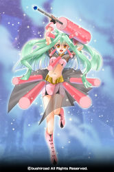 Rule 34 | 1girl, aqua hair, boots, cardfight!! vanguard, company name, cylindre magus, highres, long hair, mace, midriff, navel, official art, open mouth, ponytail, rurio shinonome, solo, sparkle, weapon, yellow eyes