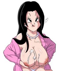 Rule 34 | 1girl, artist name, black eyes, black hair, breasts, chi-chi (dragon ball), cum, dragon ball, dragon ball gt, female focus, fungushi, highres, large breasts, licking, long hair, nipples, panties, smile, text focus, underwear