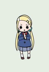 Rule 34 | 1girl, blonde hair, blue jacket, blue skirt, blush stickers, bow, bowtie, brown footwear, chibi, commentary request, hair ornament, hair scrunchie, hairclip, highres, hitoribocchi no marumaru seikatsu, jacket, katsuwo (cr66g), long hair, long sleeves, open mouth, red bow, red bowtie, school uniform, scrunchie, shoes, simple background, skirt, socks, solo, sotoka rakita, triangle mouth, twintails, white socks