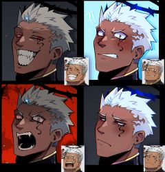 Rule 34 | 1boy, angry, blush, close-up, collared jacket, dark-skinned male, dark skin, expression chart, expressions, eye trail, facial tattoo, fangs, frown, glowing, glowing eyes, half-closed eyes, halo, happy, highres, israfil (housamo), jacket, light trail, lisuchi, male focus, open mouth, raised eyebrows, red eyes, sad, sideburns, smile, solo, spiked hair, surprised, tattoo, tokyo houkago summoners, tusks, white hair