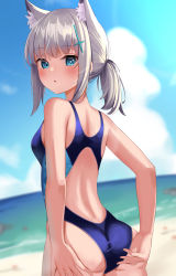 Rule 34 | 1girl, absurdres, adjusting clothes, adjusting swimsuit, animal ear fluff, animal ears, ass, ass focus, beach, black one-piece swimsuit, blue archive, blue eyes, blue sky, breasts, cloud, competition swimsuit, cross, cross hair ornament, day, extra ears, from behind, grey hair, hair ornament, halo, hand on own ass, highres, horizon, inverted cross, looking at viewer, low ponytail, medium hair, mismatched pupils, multicolored clothes, multicolored swimsuit, one-piece swimsuit, outdoors, rindou ringdong, shiroko (blue archive), shiroko (swimsuit) (blue archive), sky, small breasts, solo, swimsuit