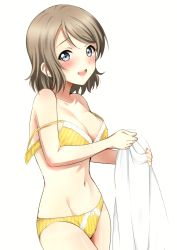 Rule 34 | 1girl, :d, absurdres, bare shoulders, blue eyes, blush, bow, bow panties, bra, breasts, brown hair, cleavage, collarbone, cowboy shot, grey hair, groin, highres, large breasts, looking at viewer, love live!, love live! sunshine!!, navel, open bra, open mouth, panties, sankuro (agoitei), scan, short hair, simple background, smile, solo, stomach, strap slip, striped bra, striped clothes, striped panties, swept bangs, tareme, thighs, underwear, underwear only, unfastened, vertical-striped bra, vertical-striped clothes, vertical-striped panties, watanabe you, white background, white bow, yellow bra, yellow panties