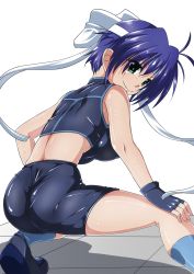 Rule 34 | 1girl, ankle socks, aqua eyes, ass, bare shoulders, bike shorts, blue hair, breasts, closed mouth, crop top, fingerless gloves, from behind, gloves, headband, highres, large breasts, looking at viewer, looking back, lyrical nanoha, mahou shoujo lyrical nanoha strikers, shiny clothes, shiny skin, shoes, short hair, simple background, single fingerless glove, sleeveless, smile, socks, solo, stretching, subaru nakajima, sweat, tappa (esperanza), white background