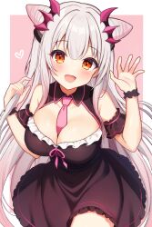 Rule 34 | 1girl, :d, between breasts, black dress, blush, bow, breasts, cleavage, cone hair bun, cowboy shot, daysss, dot nose, dress, frilled dress, frills, hair bun, hair ornament, head tilt, heart, highres, indie virtual youtuber, large breasts, long hair, looking at viewer, necktie, necktie between breasts, open mouth, orange eyes, pink background, pink bow, pink necktie, simple background, smile, solo, suou patra, virtual youtuber, white hair, wrist cuffs