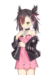 Rule 34 | 1girl, absurdres, artist request, asymmetrical bangs, asymmetrical hair, bare shoulders, black hair, black jacket, breast padding, breasts, choker, collarbone, commentary request, creatures (company), dress, game freak, green eyes, hair ribbon, highres, holding, holding poke ball, jacket, long sleeves, marnie (pokemon), nintendo, open clothes, pink dress, poke ball, poke ball (basic), pokemon, pokemon swsh, red ribbon, ribbon, simple background, small breasts, solo, twintails, white background