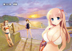 Rule 34 | 6+girls, beach, bikini, blue eyes, blush, breasts, brown hair, carrying over shoulder, character request, cloud, embarrassed, evening, eyebrows hidden by hair, feet, female focus, flat chest, full body, hands on own hips, haramura nodoka, highres, kobayashi ritz, large breasts, legs, light brown hair, long hair, looking at viewer, low ponytail, medium breasts, multiple girls, navel, ocean, official art, one-piece swimsuit, open mouth, outdoors, parted lips, red eyes, saki (manga), short shorts, shorts, sky, standing, sun, sunset, swimsuit, thighs, twintails, water