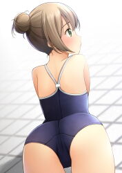Rule 34 | 1girl, ass, bad anatomy, bare shoulders, blue one-piece swimsuit, blush, brown hair, closed mouth, commentary request, double bun, from behind, green eyes, hair between eyes, hair bun, highres, looking to the side, one-piece swimsuit, original, profile, school swimsuit, shibacha, single hair bun, solo, swimsuit