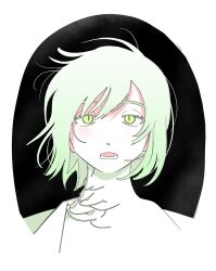 Rule 34 | 1girl, black background, bright pupils, collared shirt, colored eyelashes, dungeon meshi, falin touden, falin touden (chimera), feathers, floating hair, gradient hair, green eyes, green hair, highres, looking at viewer, monster girl, multicolored hair, open mouth, portrait, robodumpling, shirt, slit pupils, white pupils, wind
