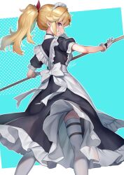 Rule 34 | 1girl, apron, black dress, blonde hair, bow, broom, dress, female focus, gloves, grin, hair bow, hair ornament, hairclip, highres, holding, holding broom, legs apart, looking back, maid, maid apron, maid headdress, mitake eil, multicolored hair, original, ponytail, purple eyes, signature, smile, solo, standing, thighhighs, white thighhighs
