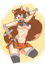Rule 34 | 1girl, animal ears, bad id, bad pixiv id, blazblue, breasts, brown eyes, brown hair, gloves, hand on own hip, large breasts, maccyman, makoto nanaya, midriff, navel, orange skirt, revealing clothes, skirt, smile, solo, squirrel tail, tail, tonfa, underboob, weapon