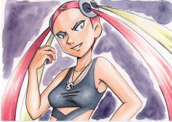 Rule 34 | 1girl, bare arms, blonde hair, breasts, collarbone, commentary request, creatures (company), eyeshadow, game freak, grey eyeshadow, hair ornament, highres, holding, holding poke ball, jewelry, long hair, looking down, makeup, multicolored hair, necklace, nintendo, oka mochi, parted lips, pink hair, plumeria (pokemon), poke ball, poke ball (basic), pokemon, pokemon (anime), pokemon sm (anime), purple background, quad tails, shirt, skull hair ornament, skull necklace, sleeveless, sleeveless shirt, smile, solo, team skull, traditional media, two-tone hair, upper body, yellow eyes