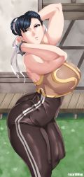 Rule 34 | 1girl, absurdres, alternate costume, arms behind head, ass, bare shoulders, black hair, bracelet, breasts, brown pants, capcom, chun-li, curvy, double bun, facu10mag, grass, grey eyes, highres, huge ass, huge breasts, jewelry, open mouth, outdoors, pants, parted lips, ribbon, shirt, sleeveless, sleeveless shirt, spiked bracelet, spikes, street fighter, thick thighs, thighs, white ribbon, wide hips