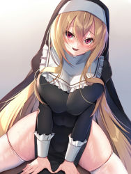 Rule 34 | 1girl, black dress, blonde hair, blush, breasts squeezed together, breasts, covered navel, dress, fumyuun, habit, hair between eyes, highres, idolmaster, idolmaster cinderella girls, kurosaki chitose, large breasts, long hair, long sleeves, looking at viewer, nun, open mouth, pelvic curtain, red eyes, simple background, sitting, skindentation, solo, spread legs, sweat, thighhighs, thighs, very long hair, white thighhighs