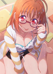 Rule 34 | 1girl, :p, barefoot, breasts, cellphone, cleavage, collarbone, from above, glasses, hair down, kitahara tomoe (kitahara koubou), looking at viewer, love live!, love live! sunshine!!, medium breasts, orange hair, phone, red-framed eyewear, red eyes, short hair, sitting, solo, takami chika, toes, tongue, tongue out, twitter username