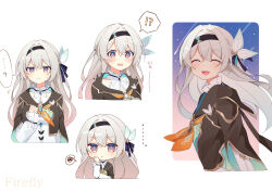 Rule 34 | !?, ..., 1girl, :d, absurdres, black hairband, black jacket, blue bow, blue jacket, blue pupils, blush, bow, character name, closed eyes, closed mouth, collared shirt, commentary, cropped jacket, cropped torso, facing viewer, firefly (honkai: star rail), flinch, grey hair, hair bow, hair intakes, hairband, hand on own cheek, hand on own chest, hand on own face, highres, honkai: star rail, honkai (series), jacket, long sleeves, looking at viewer, multiple views, open mouth, pink eyes, shirt, shooting star, simple background, sleeveless, sleeveless shirt, sleeves past wrists, small sweatdrop, smile, spoken interrobang, spoken squiggle, squiggle, star (sky), two-sided fabric, two-sided jacket, uwasewau, white background, white shirt