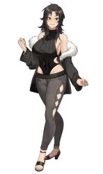 Rule 34 | absurdres, arm at side, bangle, black coat, black hair, black sweater, bracelet, breasts, brown eyes, clenched hands, clothing cutout, coat, commission, covered navel, denim, grey pants, hand up, hanny (uirusu chan), happy, highres, jewelry, large breasts, legs, long hair, long legs, looking at viewer, messy hair, necklace, open clothes, open coat, original, pants, ring, sandals, smile, standing, sweater, thigh cutout, tight clothes, tight pants, turtleneck, turtleneck sweater, waist cutout, white background, wide hips