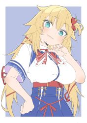 Rule 34 | 1girl, absurdres, akai haato, akai haato (1st costume), bad id, bad twitter id, blonde hair, blue eyes, breasts, collared shirt, donguri suzume, hair ornament, hand on own cheek, hand on own face, heart, heart hair ornament, highres, hololive, large breasts, long hair, looking at viewer, portrait, shirt, simple background, smile, solo, string, virtual youtuber