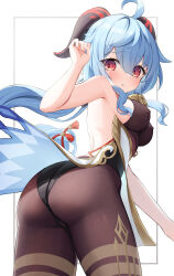 Rule 34 | 1girl, ahoge, ass, back, backless outfit, bare shoulders, bell, black leotard, black pantyhose, blue hair, blush, breasts, covered erect nipples, from behind, ganyu (genshin impact), genshin impact, gold trim, highres, horns, humo, leotard, leotard under clothes, long hair, looking at viewer, looking back, low ponytail, medium breasts, neck bell, no gloves, pantyhose, purple eyes, sideboob, sidelocks, sleeveless, solo, tassel, thighlet, thighs
