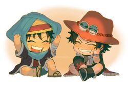 Rule 34 | 2boys, arms up, bandaged arm, bandages, black hair, blue shorts, blush, boots, bracelet, chibi, closed eyes, coat, commentary request, flip-flops, freckles, hat, highres, jewelry, kameoka908, male focus, monkey d. luffy, multiple boys, one piece, open mouth, orange hat, portgas d. ace, sandals, scar, scar on face, scarf, short hair, shorts, sitting, smile, straw hat, twitter username