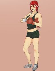 Rule 34 | 1girl, abs, absurdres, atlus, bike shorts, boxing gloves, full body, highres, l4wless, lipstick, makeup, midriff, multicolored hair, muscular, persona, persona 2, red hair, sega, serizawa ulala, short hair, shorts, smile, standing