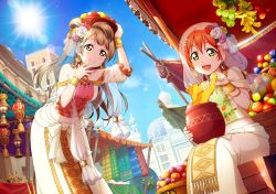 Rule 34 | 10s, 2girls, arabian clothes, artist request, banana, bare shoulders, basket, blue sky, cat, day, earrings, flower, food, fruit, hair flower, hair ornament, hoshizora rin, jewelry, long hair, long skirt, looking at another, love live!, love live! school idol festival, love live! school idol project, market, midriff, minami kotori, multiple girls, navel, off shoulder, official art, orange hair, outdoors, rose, short hair, sitting, skirt, sky, smile, sunlight, veil