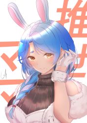 Rule 34 | 1girl, absurdres, animal ear fluff, animal ears, apron, blue hair, blush, braid, breasts, earrings, extra ears, gloves, tucking hair, half gloves, highres, hololive, jewelry, large breasts, long hair, looking at viewer, mature female, mole, mole under mouth, pekomama, rabbit ears, rabbit girl, smile, solo, text background, urotare, virtual youtuber, white background, white gloves