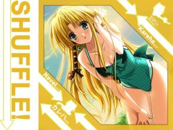 Rule 34 | 00s, 1girl, adjusting hair, bent over, blonde hair, blush, braid, breasts, casual one-piece swimsuit, cleavage, green eyes, halterneck, kareha, leaning forward, long hair, medium breasts, non-web source, one-piece swimsuit, pointy ears, shuffle!, side braid, smile, solo, suzuhira hiro, swimsuit, wallpaper