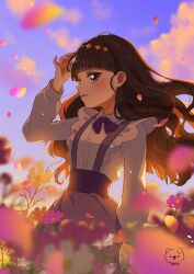 Rule 34 | 1girl, black hair, blue eyes, blush, cloud, cloudy sky, delicious party precure, dress, field, flower, flower field, frills, highres, kasai amane, long hair, long sleeves, looking at viewer, moro precure, petals, precure, shirt, skirt, sky, smile, solo, sparkle hair ornament, sunset, suspender skirt, suspenders, white shirt, wind