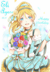 Rule 34 | ayase eli, birthday, blonde hair, blue eyes, blush, bouquet, character name, choker, cowboy shot, dated, dress, flower, highres, holding, holding bouquet, long hair, love live!, love live! school idol festival, love live! school idol project, ponytail, scrunchie, smile, solo, unmoving pattern, wrist scrunchie