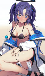 Rule 34 | 1girl, bare shoulders, bikini, black bikini, blue archive, blush, breasts, closed mouth, e buki, halo, highres, jacket, long hair, looking at viewer, medium breasts, open clothes, open jacket, parted bangs, purple eyes, purple hair, solo, swimsuit, thighs, two side up, white jacket, yuuka (blue archive)