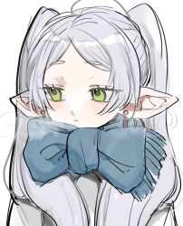 Rule 34 | 1girl, blue scarf, blush, closed mouth, coat, commentary request, earrings, elf, frieren, green eyes, highres, jewelry, long hair, looking at viewer, pointy ears, scarf, simple background, solo, sousou no frieren, twintails, u0oouo, upper body, white background, white coat, white hair