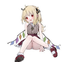Rule 34 | 1girl, :d, ahoge, alternate costume, animal hair ornament, ankle socks, arm support, armpit crease, bare arms, bare shoulders, bat hair ornament, black ribbon, blonde hair, blush, bobby socks, cable knit, contemporary, fang, fingernails, flandre scarlet, frills, full body, hair ornament, hair ribbon, head tilt, high-waist skirt, highres, jewelry, knees together feet apart, knees up, long hair, looking at viewer, mary janes, miniskirt, nail polish, necklace, no headwear, one side up, open mouth, panties, pantyshot, pendant, petticoat, pointy ears, red eyes, red footwear, red nails, red skirt, reddizen, ribbon, shirt tucked in, shoe soles, shoes, simple background, sitting, skirt, sleeveless, smile, socks, solo, source request, touhou, underwear, white background, white panties, white socks, wings