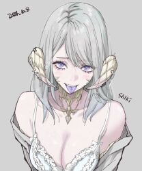 Rule 34 | 1girl, au ra, bare shoulders, bra, breasts, cleavage, collarbone, colored tongue, cross, final fantasy, final fantasy xiv, grey background, grey hair, highres, horn ornament, horn piercing, horns, lakugali shiki, looking at viewer, looking up, medium hair, piercing, purple eyes, purple tongue, scales, simple background, solo, tongue piercing, underwear, upper body, warrior of light (ff14)