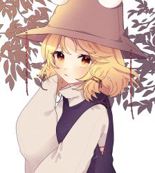Rule 34 | 1girl, blonde hair, blush, branch, brown hat, commentary, hand to own mouth, hat, highres, leaf, long sleeves, looking at viewer, medium hair, moriya suwako, necono (nyu6poko), open mouth, orange eyes, purple sweater, shirt, sleeves past fingers, sleeves past wrists, solo, sweater, touhou, turtleneck, upper body, white background, white shirt, wide sleeves