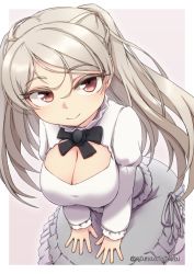 Rule 34 | 1girl, absurdres, breasts, brown eyes, cleavage, cleavage cutout, clothing cutout, conte di cavour (kancolle), dress, frilled dress, frills, grey dress, highres, kantai collection, large breasts, layered dress, long hair, long sleeves, namaata, silver hair, smile, solo, two-tone dress, two side up, white dress