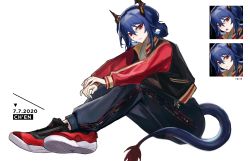 Rule 34 | 1girl, adidas, air jordan, alternate costume, arknights, black pants, black vest, blue hair, ch&#039;en (arknights), character name, commentary, dated, dragon horns, dragon tail, expressions, full body, highres, horns, iwis, jacket, long sleeves, looking at viewer, pants, red eyes, red footwear, red jacket, shoes, simple background, sitting, solo, tail, vest, white background