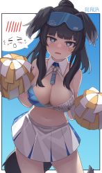 Rule 34 | 1girl, absurdres, bare shoulders, black hair, blue archive, blue background, blunt bangs, blush, border, breasts, bright pupils, cheerleader, cleavage, cow, embarrassed, facial mark, head wings, hibiki (blue archive), hibiki (cheer squad) (blue archive), highres, holding, large breasts, long hair, looking at viewer, millennium cheerleader outfit (blue archive), miniskirt, navel, nose blush, open mouth, outside border, pleated skirt, pom pom (clothes), ponytail, rirua (kjom802), simple background, skirt, solo, spoken expression, star (symbol), white border, white skirt, wings