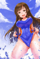 Rule 34 | 10s, 1girl, blush, breasts, brown eyes, brown hair, competition swimsuit, idolmaster, idolmaster cinderella girls, idolmaster cinderella girls starlight stage, lhu (barappra1), long hair, nitta minami, one-piece swimsuit, open mouth, smile, solo, swimsuit, water